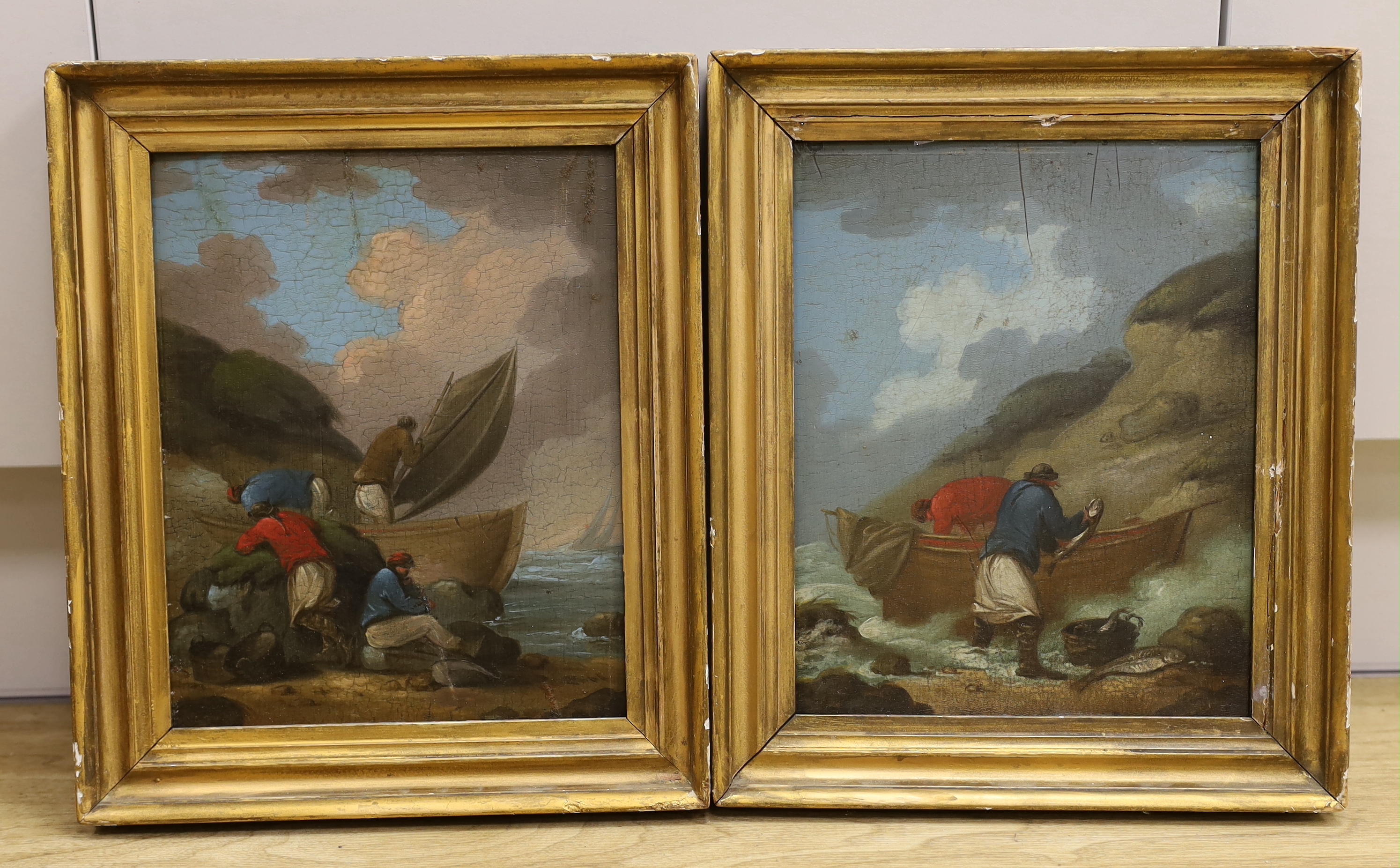 19th century English School, pair of oils on board, Coastal scenes with fisherfolk, 25 x 20cm